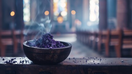 A powerful close-up photograph capturing the symbolic significance of purple ashes in a ceremonial dish for Ash Wednesday, set against the blurred background of an empty church interior