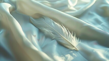Naklejka premium A serene image capturing the delicate beauty of a single, white feather elegantly placed on a smooth, soft fabric surface