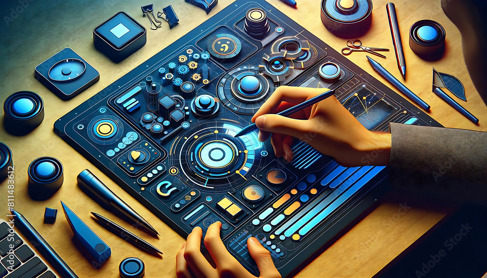 Poster working digitally with computers and electronic devices, buttons, sliders, or virtual interfaces.