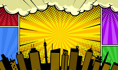 Colorful comic scene background with city silhouette