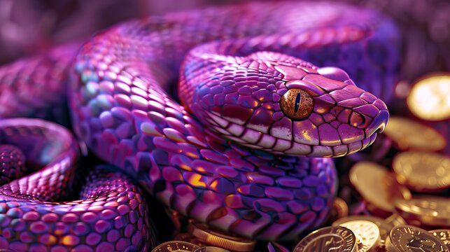 A purple snake with gold coins on its belly, Snake drawing