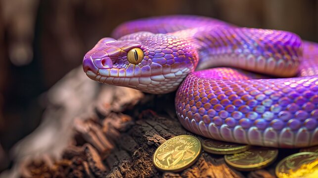 A purple snake with gold coins on its belly, Snake drawing