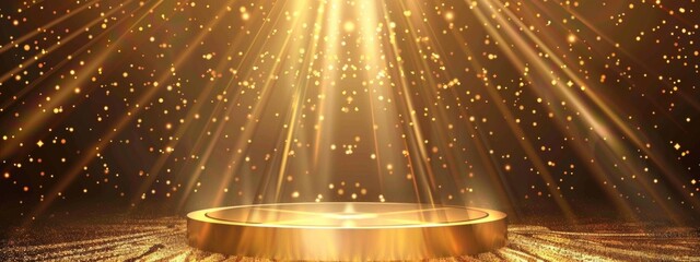 A dark background with golden rays of light shining down on an empty podium, creating a dramatic and elegant atmosphere for product displays or award.