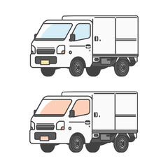 物流シリーズ：農業・漁業等で箱入りの商品を配達する日本の軽トラ、軽トラックのイラスト(カラー&単色モノカラーのセット)
