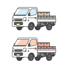 物流シリーズ：農業・漁業等で箱入りの商品を配達する日本の軽トラ、軽トラックのイラスト(カラー&単色モノカラーのセット)