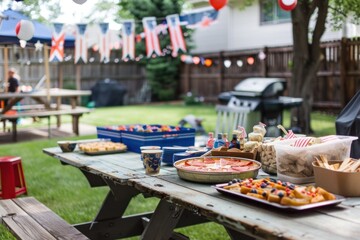 A military-themed Independence Day backyard barbecue setup with various foods and patriotic decorations. 4th of July, american independence day, memorial day concept