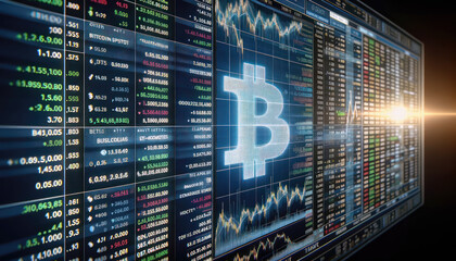 Bitcoin funds or spot ETF price, trading concept, graph chart on the trading board, buying and selling banner information, exchange lists, investment