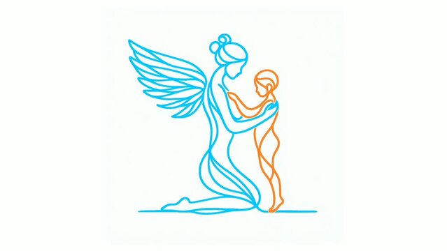 A mother angel holding a baby angel in her arms. Happy Mother's Day. Colorful line drawing of Mother angel and baby.