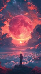 Obraz premium Adventure Full Moon Sunrise Landscape Cloudscape Person Alone Travel Soul Digital Art Wallpaper, Unique Radiant Contemporary Game App Artwork Background, Vibrant Backdrop Concept, Web Graphic Banner