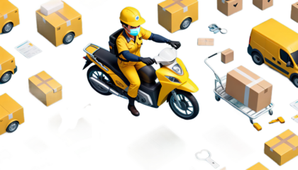 order illustration 3d bike deliver yellow character delivery motor safe uniform hurry mask cartoon courier concept medical express employee carrying man service three-dimensional render creative