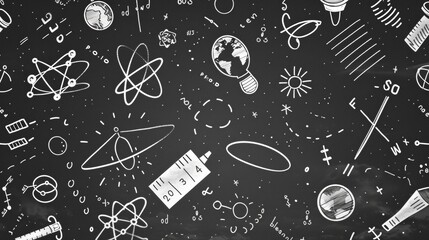 Hand drawn vector background with math equations, microDaFis and science elements on a chalkboard seamless pattern.