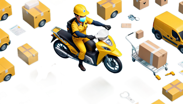 order illustration 3d bike deliver yellow character delivery motor safe uniform hurry mask cartoon courier concept medical express employee carrying man service three-dimensional render creative