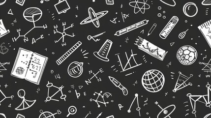 Hand drawn vector background with math equations, microDaFis and science elements on a chalkboard seamless pattern.