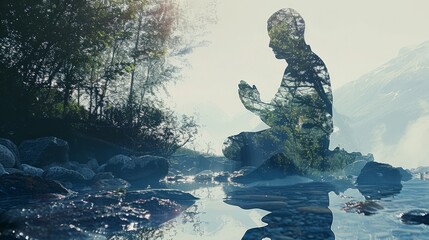 Silhouette of a praying figure with a tranquil mountain stream