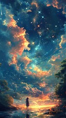 Fototapeta premium Beautiful Cloudy Sky Stars Landscape Digital Art Wallpaper, Unique Radiant Contemporary Vertical Game App Artwork Background, Vibrant Marketing Backdrop Concept, Advertising Web Graphic, Banner Design