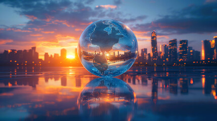 A round and clear crystal ball with a world map inside of it with a blurry background of modern cityscape, depicting the global warming in the world