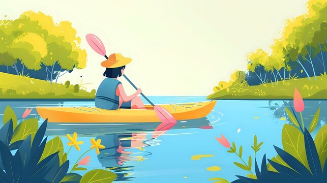 Lush greenery and calm waters: Woman's serene kayak experience