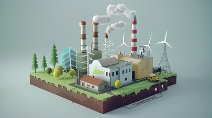 Naklejka premium Animated Infographic of Embodied Energy and Life Cycle Assessment Concepts in Industrial Landscape