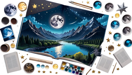 painting game river artwork beautiful concept digital stars background illustration serious moon book mountains scene art night scenery cg video star cloud sky continent land tree forest view bird