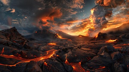 A surreal landscape captured during the eruption of the  volcano, with rivers of molten lava flowing through the rocky terrain, against a backdrop of billowing clouds and fiery skies, 