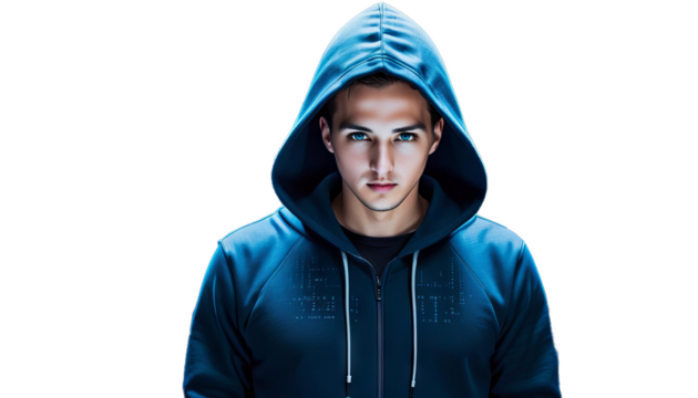computer cyber hoodie hacker face fraud matrix code thief data digital blue concept instead internet background security darknet datum cyberspace virus network hacking web identity technology crime