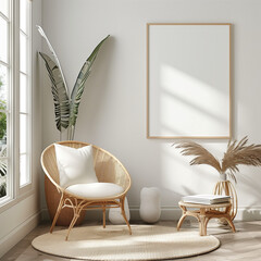 "Frame Mockup, A4 Paper Size. Living Room Wall Poster Mockup. Home Interior Mockup with House Background. Trendy Modern Interior Design. 3D Render on Blank White Background."