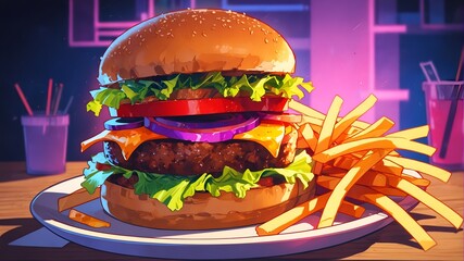 A delicious burger, fries, and soda in retro anime style with neon light.