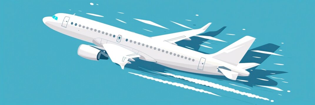 recommend clip art: A white airplane on a blue background, in the flat design style with simple shapes and clean lines 