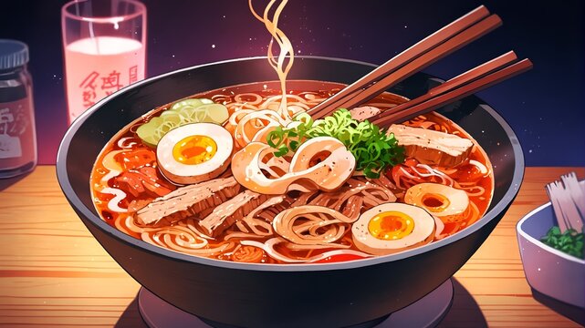 A bowl of delicious ramen noodle with eggs and vegetable toppings in retro anime style with neon light.