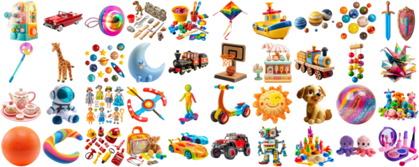 big collection of different toys for children kid, school playroom decor, magnet toy, doll, teddy bear, board game, photo collage set, isolated transparent background AIG44
