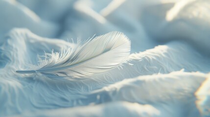 A tranquil scene showcasing a single, delicate white feather delicately placed on a smooth, soft fabric surface