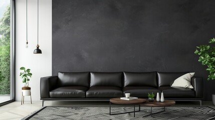 Living room have dark leather sofa and decoration minimal on two tone wall. Generative Ai