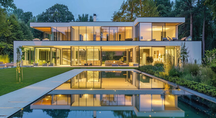 A modern villa with large glass windows, white walls and a big garden with lawn and flower beds