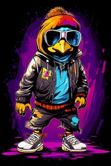 Cool Penguin Character in Retro 90s Synthwave Streetwear