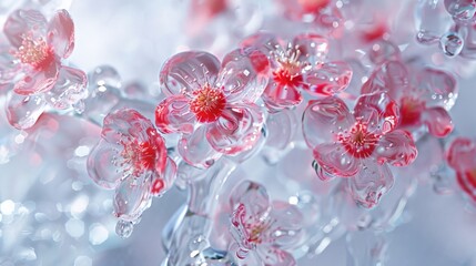 Abstract background featuring the ethereal beauty of pink and red flowers suspended in ice, their delicate petals frozen in time, creating a stunning visual display of nature's artistry