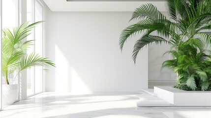 Luxury house interior with green palm trees. Minimal architecture design. Generative Ai