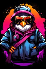 Cool Penguin Character in Stylish Varsity Jacket and Beanie Surrounded by Retro 90s Synthwave Elements