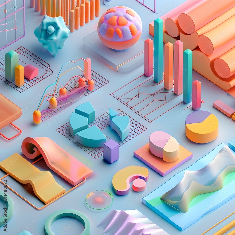 Poster vibrant geometric 3d composition with colorful abstract shapes and patterns