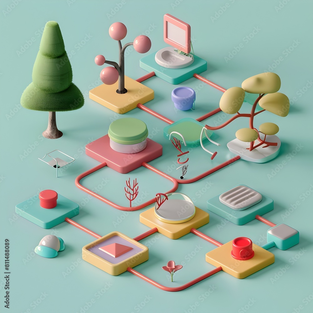 Poster abstract 3d geometric flowchart showing product life cycle stages with inputs and outputs