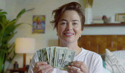 A young attractive woman in her thirties, with short brown hair and white tshirt holding up US dollar bills