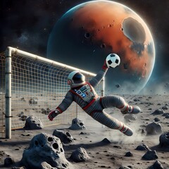 Astronaut Goalkeeper Misses Save on Asteroid, Mars Background