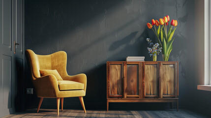 legant Interior Decor: Gold Chair in Dark Grey Room with Vintage Wooden Cupboards and Fresh Tulips - Perfect for Home Inspiration
