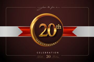 20th Anniversary Logo With Golden Ring And Red Ribbon Isolated on Elegant Background, Birthday Invitation Design And Greeting Card.