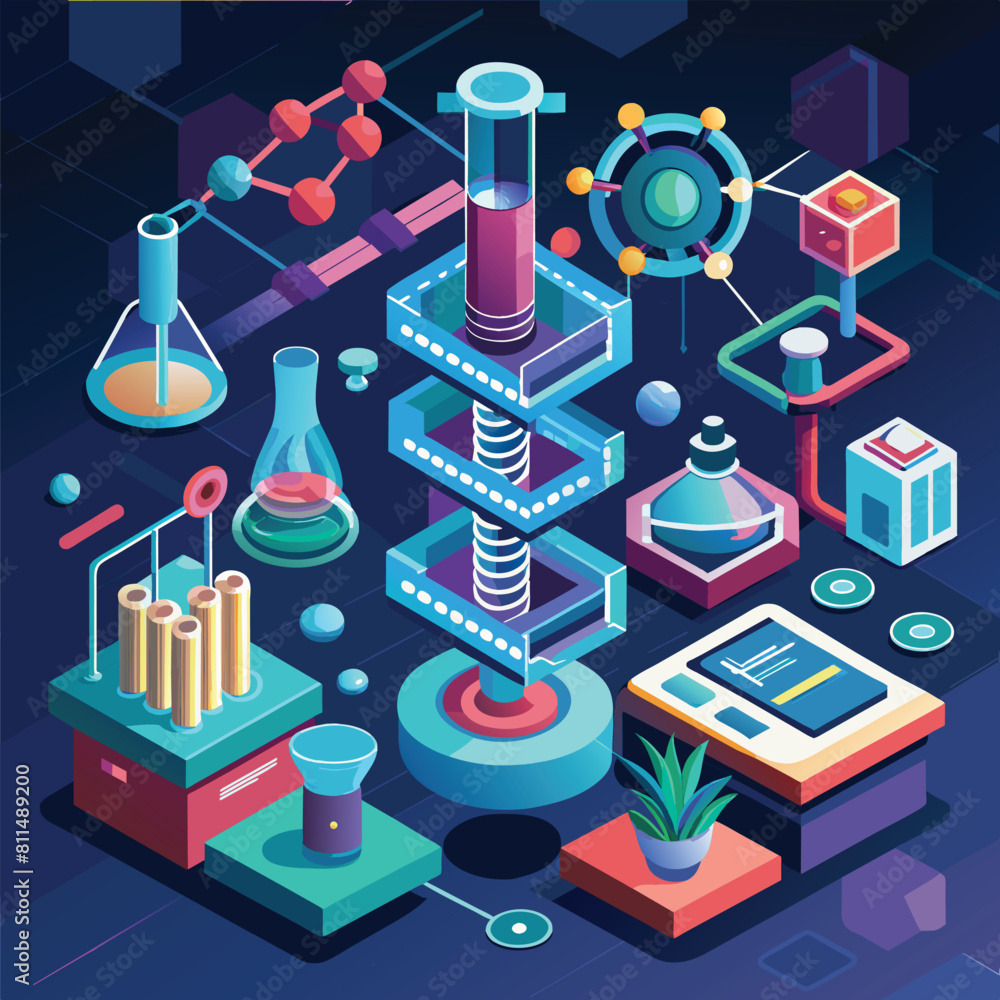 Poster genetic engineering in lab. dna helix manipulation and biotechnology research. medical breakthrough.