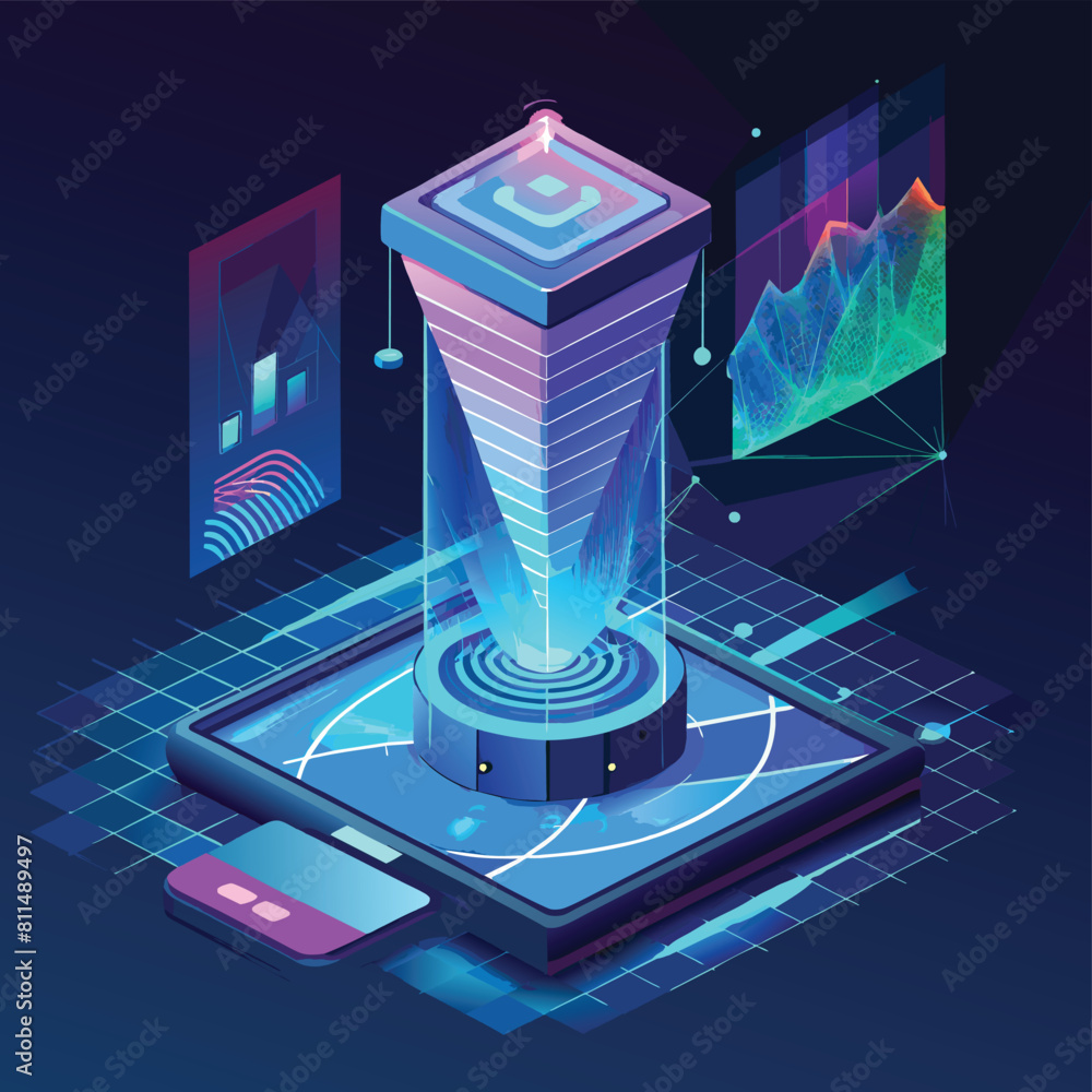 Poster holographic display technology. 3d hologram projecting from smartphone. futuristic interface concept