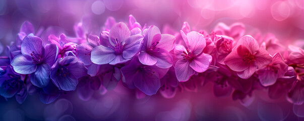 Purple flowers with water drops on petals, set on a violet background