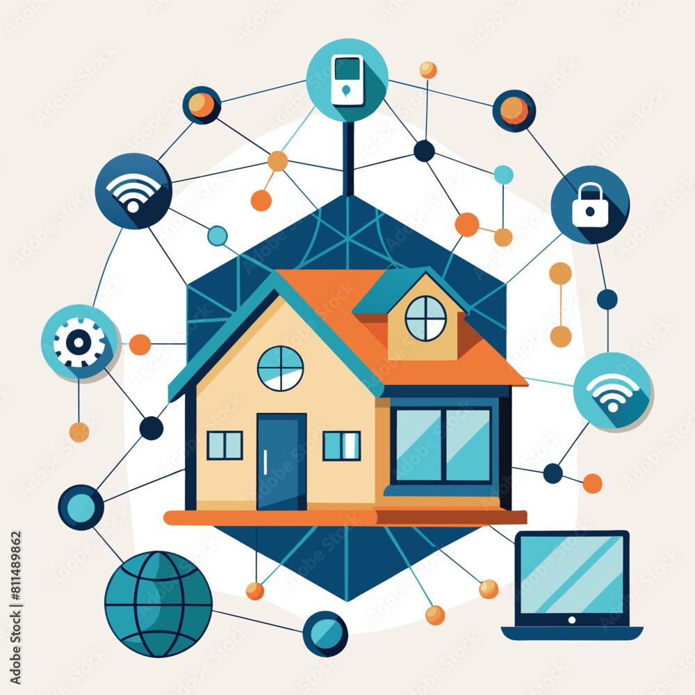 Poster smart home automation system. house silhouette with interconnected devices. iot residential technolo