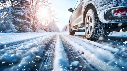 Car tires on snow-covered road, generative Ai