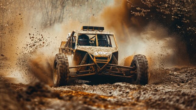 Portrait of a buggy car in action on a mud track. AI generated image
