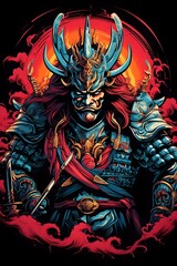 Fierce Samurai Warrior in Full Armor with Katana Sword Ready for Battle on Dark Background